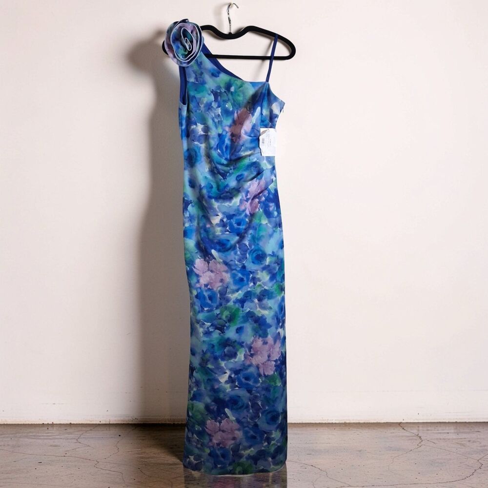 NWT Eliza J Size 8 One Shoulder Rosette Watercolor Floral Maxi Gown Blue Dress